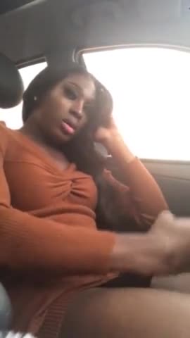 Pretty black trans wank & cum in car