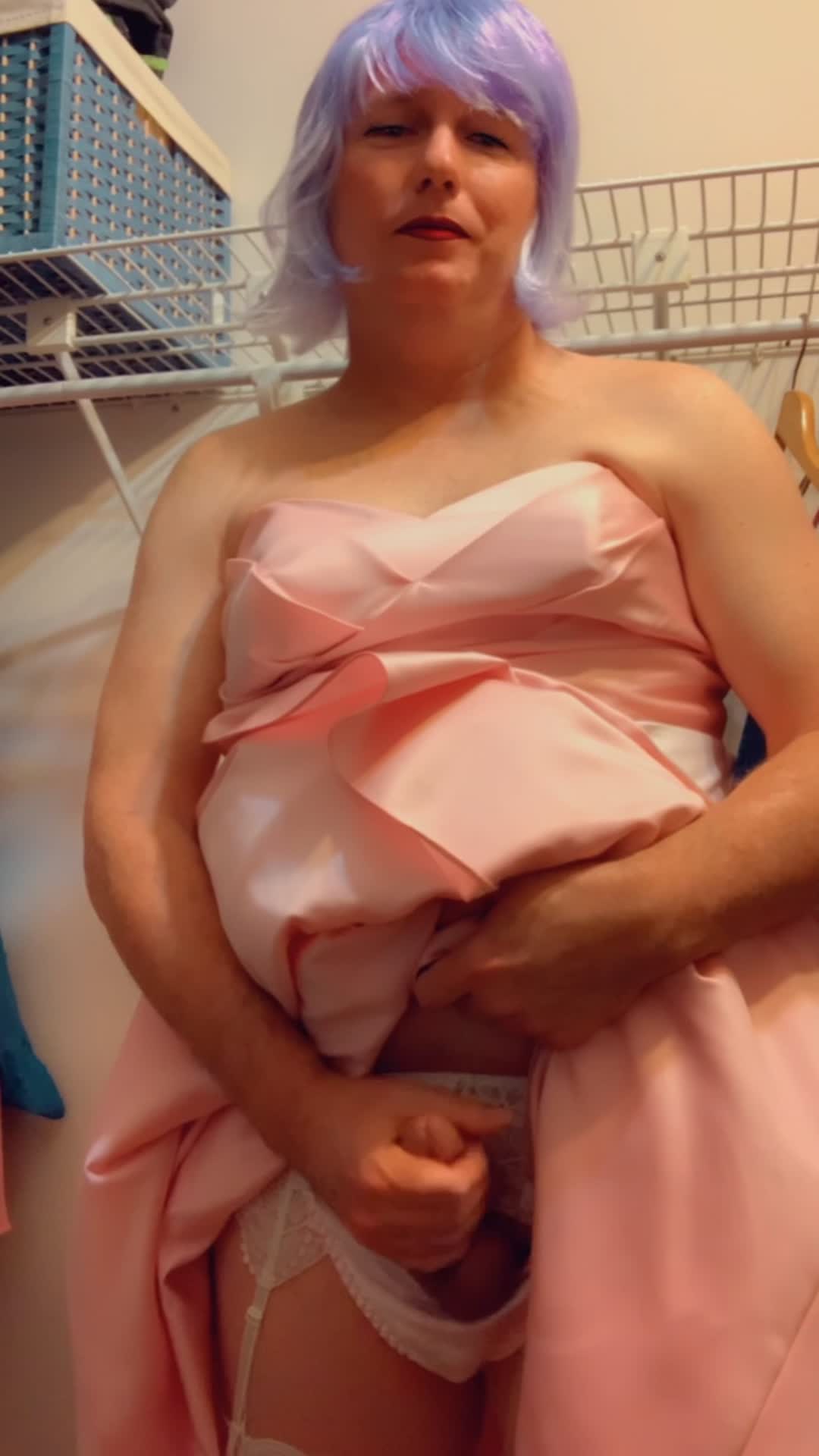 Pantyluvn sissy cumming in pink satin dress